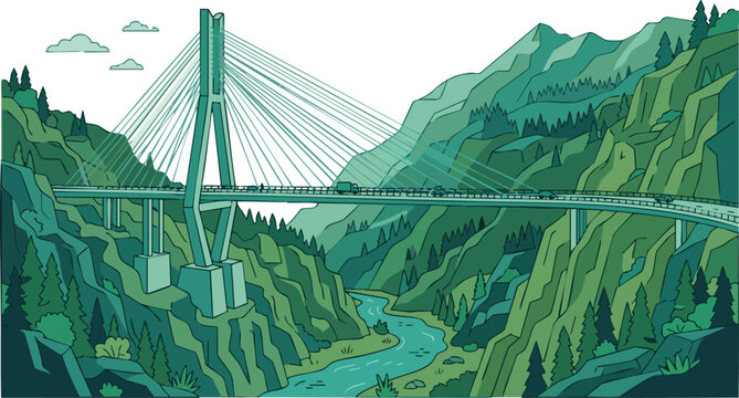 Modern cable stayed bridge over a river in a mountain valley vector