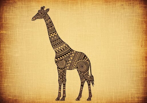 Decorative giraffe illustration with intricate tribal patterns on textured vintage
