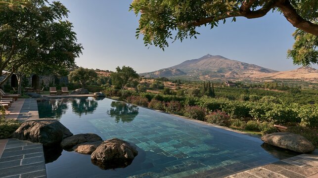Fancy pool at a top hotel sits on volcano slopes near vineyards, Sicily, Italy.