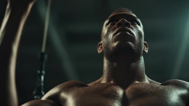Muscular man performing pull ups on bar inside dimly lit gym training area