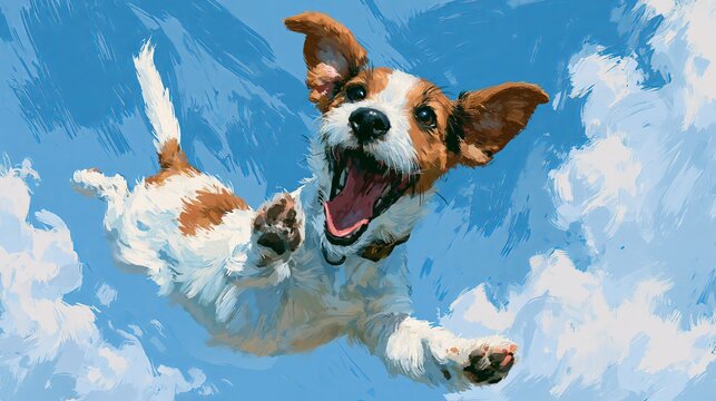 Small dog happily bounces in the sky.