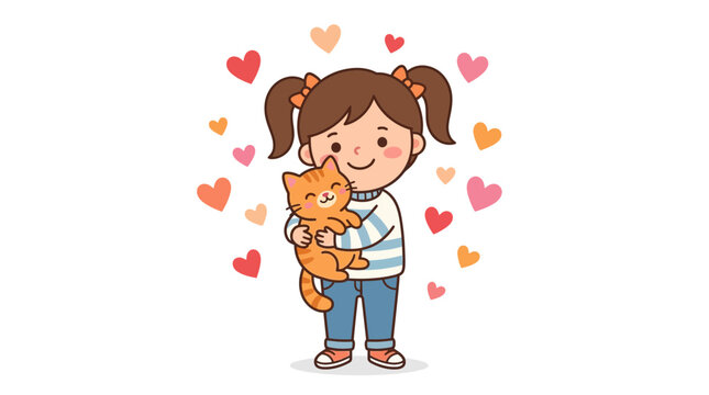 Cute cartoon girl hugging her fluffy orange cat.