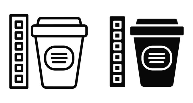 Coffee cup takeaway mug with lid and loyalty punch card reward program icons in outline and solid glyph vector style set