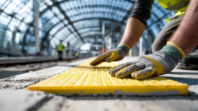 Worker installing tactile paving tiles on train station platform under glass canopy pressing yellow warning surface with gloved hands