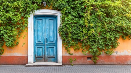 Fototapeta premium Aged blue door contrasting against a weathered orange and red wall, surrounded by vibrant green ivy that beautifully frames the entrance