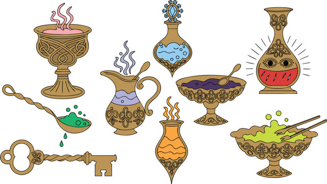 Magic Potion Bottles and Alchemist Equipment Set, Ornate Gold Vases, Steaming Cauldrons, and Ancient Skeleton Key, Fantasy RPG Crafting Items for Game UI, Arcane Themed Design Assets