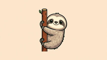 Fototapeta premium Cute sloth runs up a wooden tree in this cartoon picture. It's a nature icon for animals.