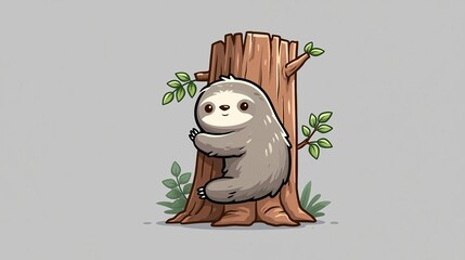 Fototapeta premium Cute sloth runs up a wooden tree in this cartoon picture. It's a nature icon for animals.
