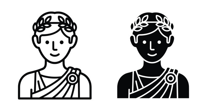 Roman emperor or Greek philosopher icon set featuring man wearing laurel wreath and traditional toga garment in outline and black styles