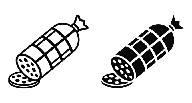 Salami sausage icon set with outline and solid black versions showing sliced meat product for deli butcher shop menu design
