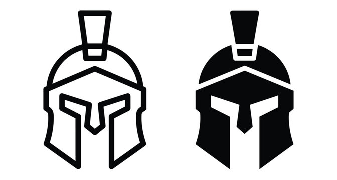 Spartan gladiator helmet icon set featuring ancient Greek warrior headgear in outline and solid black styles for gaming and history projects