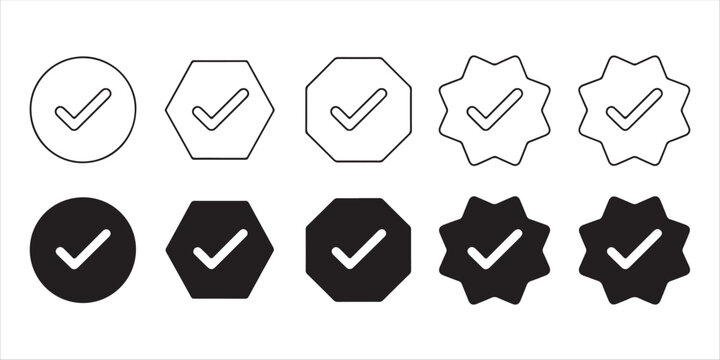Collection of various tick checkmark icons in geometric frames for completion status and selection.