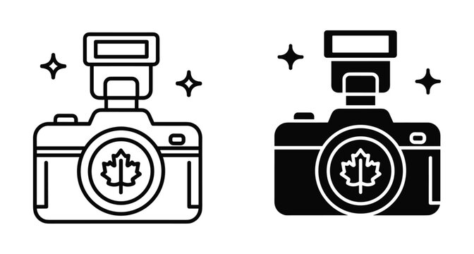digital camera icon with maple leaf on lens and flash attachment in outline and solid style for canadian photography travel