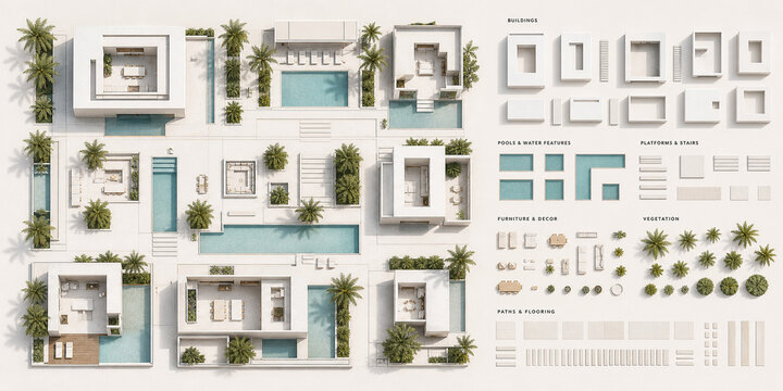 2D top-down minimalist luxury resort vector set with white concrete villas, geometric pools, palm trees and modern architectural assets for CAD, Revit, Illustrator, Photoshop layouts