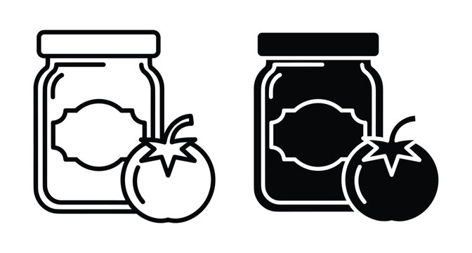 Tomato sauce jar icon set with outline and solid black versions featuring fresh tomato fruit and blank label for packaging