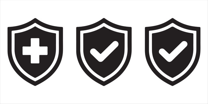 Shield icons vector set with plus and check mark symbols on transparent background for protection.
