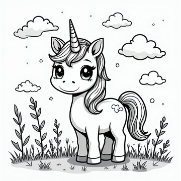 Cute cartoon unicorn stands in green grassy field with plants. Adorable mythical horse has horn, long mane and tail. Fluffy clouds float in sky above. Simple line art style.