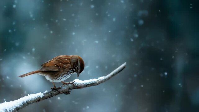 Sparrow perching and pecking on snow covered branch in winter forest outdoors