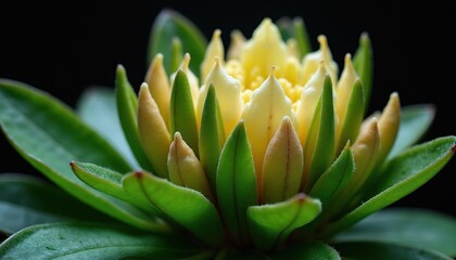 Obraz premium Close-up of a yellow rhododendron bud and green leaves. The flower begins to open, showing delicate petals unfurling against a dark background. Botanical detail.