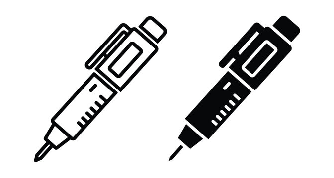 Insulin pen injector icon set for medical healthcare diabetes treatment and subcutaneous injection equipment in outline and solid style