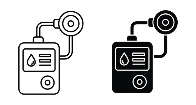 Insulin pump icon set for diabetes management medical device showing digital screen with drop symbol and infusion set connector tube