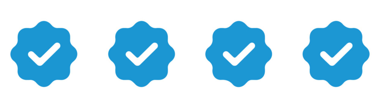 Blue verified badge icon collection with tick marks for social media platform profile authenticity.