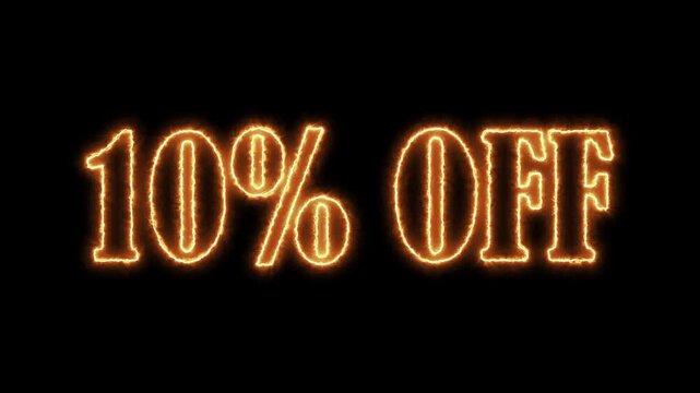 10% off text animation with glowing fire effect, dynamic sales promotion for e-commerce and marketing campaigns