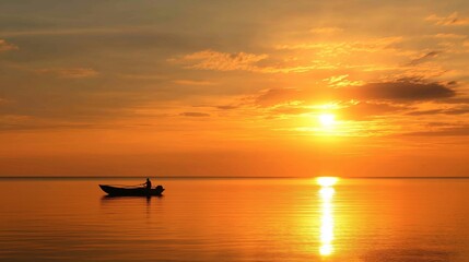 Fototapeta premium Person navigating a small boat on calm water during a golden sunset, reflecting bright orange sky and sun