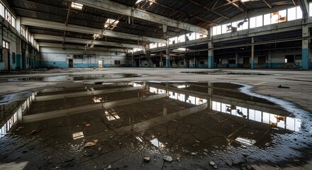 Naklejka premium Abandoned industrial hall with flooded concrete floor and decaying architecture