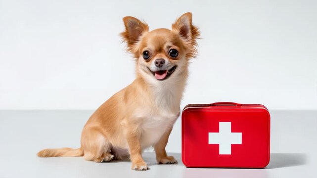 Chihuahua dog sitting beside red first aid kit on white studio table background smiling at camera