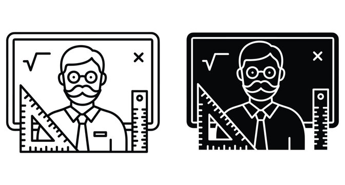 Male teacher professor icon set with blackboard math symbols triangle ruler and straight ruler for education school learning classroom concept
