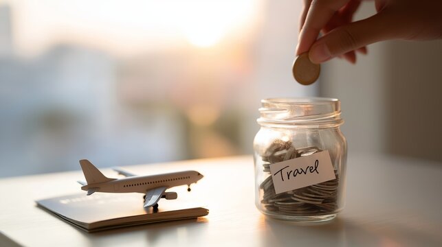 Hand placing coin into travel savings jar, planning dream vacation with airplane model and passport, financial journey