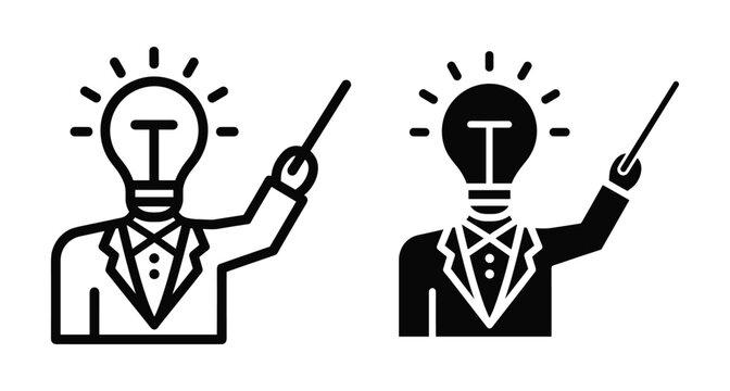 Business man icon with lightbulb head holding pointer stick for presentation creative idea innovation concept symbol set outline and solid