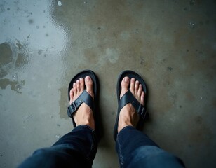Obraz premium Man wearing black sandals stands on wet concrete floor. Dark jeans visible on legs. Low angle view shows feet and ground. Casual summer or travel footwear.