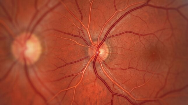 Fundus photography of a healthy human eye retina and blood vessels with eye care