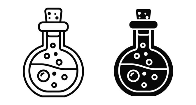 Potion bottle icon set with bubbling liquid and cork stopper in outline and solid black styles for magic or science