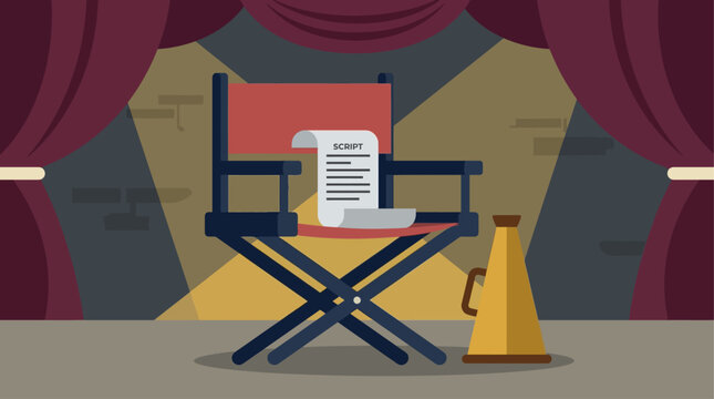 This flat design illustration features a director's chair with a script and megaphone, symbolizing the creative direction and production aspects behind the captivating performances at the Avignon Fest
