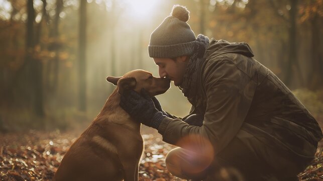 Man bonding with brown dog in autumn forest, showing love and affection between pet owner and companion