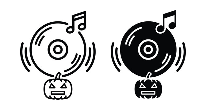 Halloween music vinyl record icon set with spooky pumpkin jack o lantern and musical note for party dj event celebration