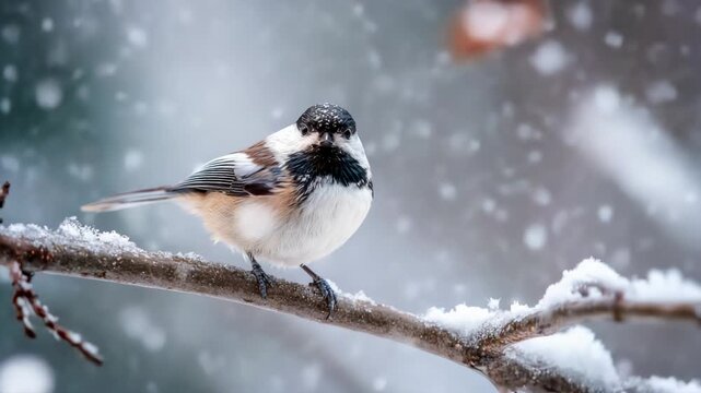 Small chickadee perched on snow covered branch during falling snow in winter forest woodland setting