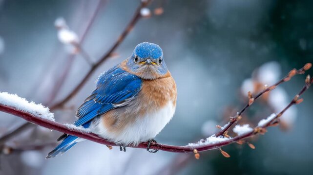 Eastern bluebird perched on snow covered branch during light snowfall in winter forest scene