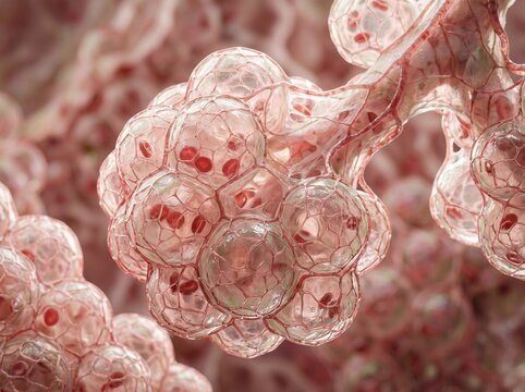 Microscopic view of human lung alveoli with red blood cells, respiratory