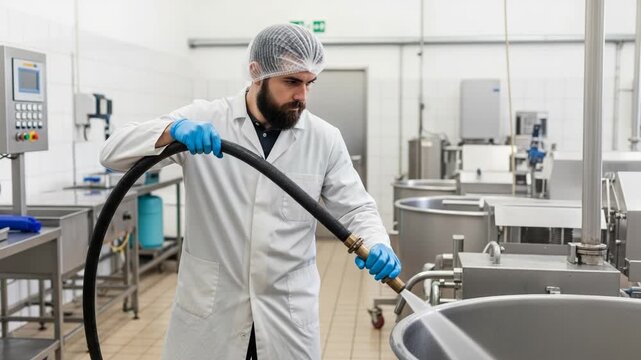 Worker cleaning industrial equipment in food processing factory