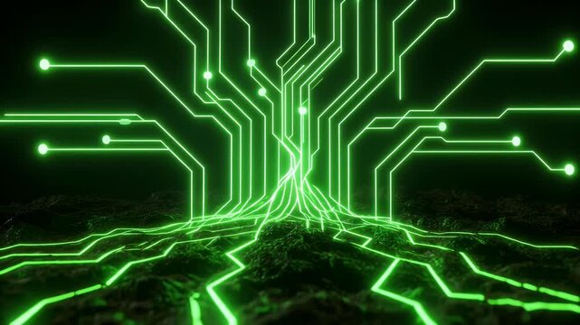 Glowing green circuit boards illuminate a dark background with neon lines and connections.