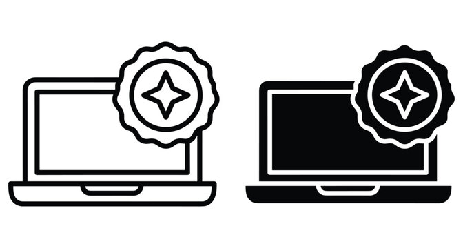 Laptop computer icon with quality badge seal and star symbol representing certified hardware software warranty guarantee service and technical support