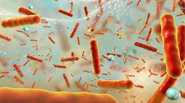 Rod-shaped bacteria inside biofilm, 3D animation showing bacilli embedded in extracellular matrix, illustrating microbial persistence and antibiotic resistance.