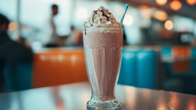 Chocolate milkshake topped with whipped cream and chocolate drizzle sitting on diner table in retro booth