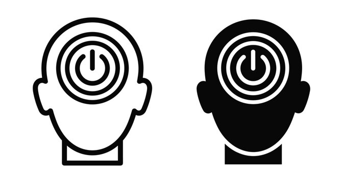 Human head silhouette with power button symbol representing mental energy brain activation start switch digital mind concept icon set vector