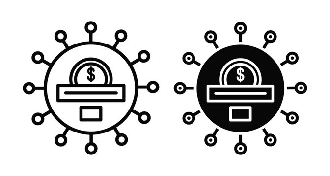 Digital payment icon set showing dollar coin insertion into slot with network connection lines for global finance and electronic banking