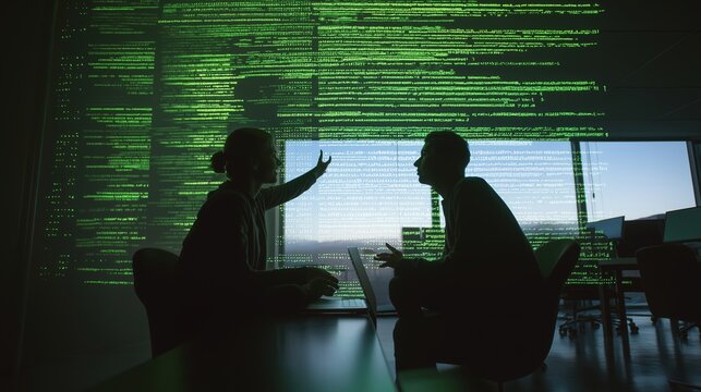 Developers collaborating on programming code projected on a large screen in a modern dark office workspace